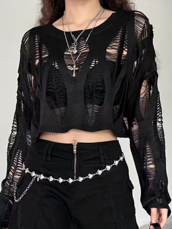 Tops - Grunge Cutout Cropped Long Sleeve Top
